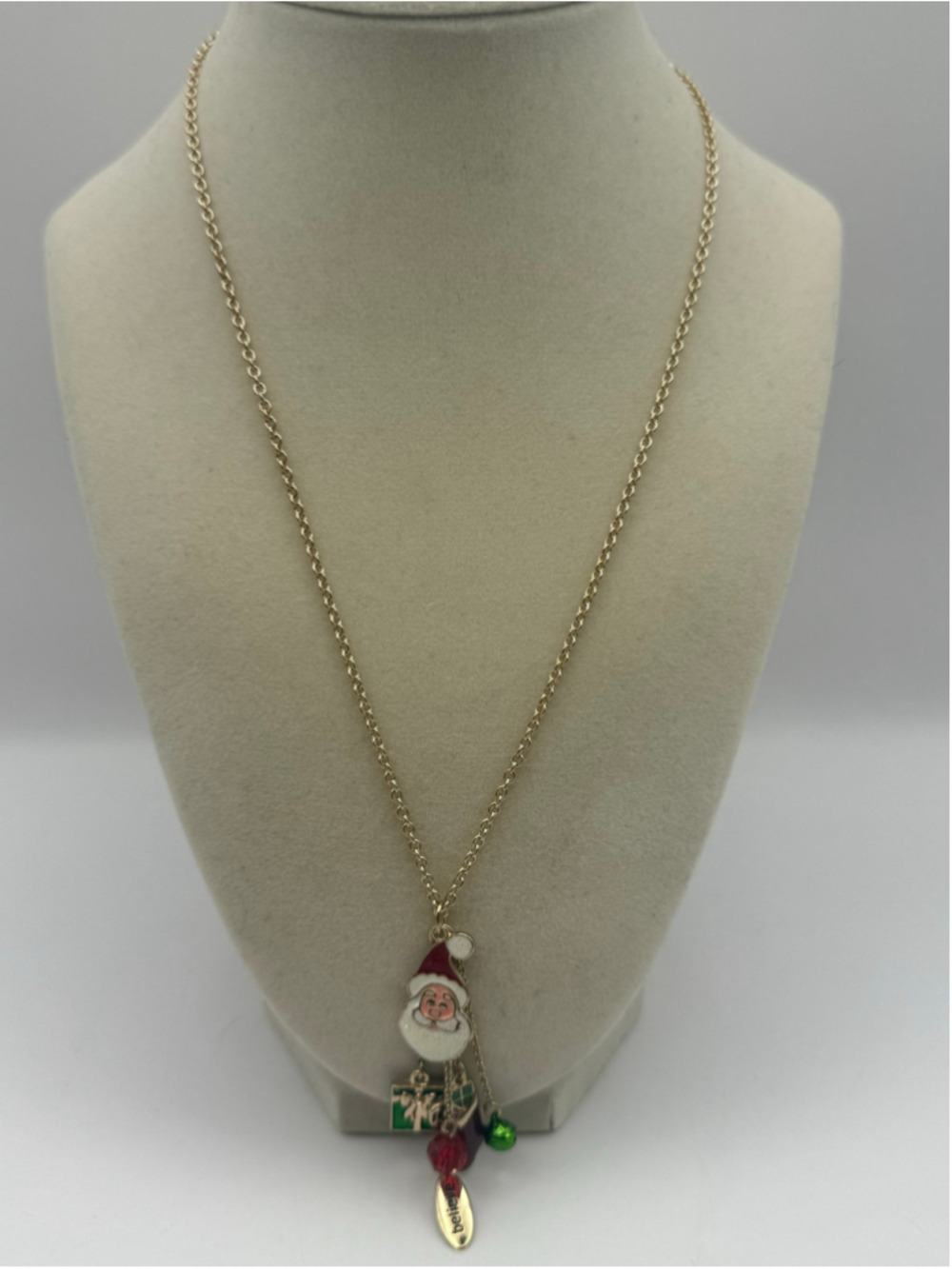 Christmas Santa Charm Necklace Gold Tone Enamel Believe Holiday Jewelry NEW